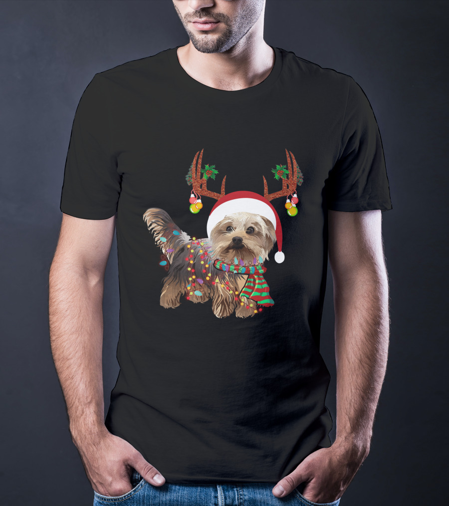 Christmas Cute Dog With Santa Hat And Reindeer Antlers T-Shirt