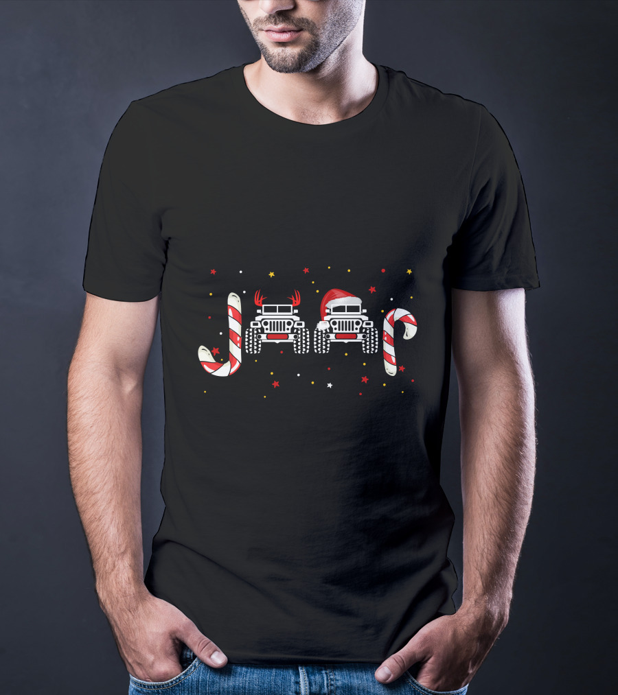 Jeep Christmas Candy Cane Reindeer Antlers Santa Hat T-Shirt
