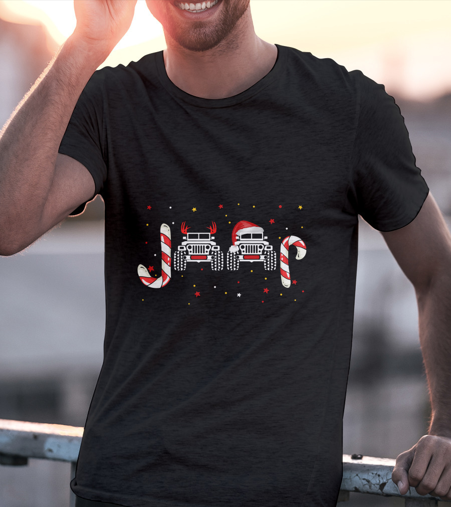 Jeep Christmas Candy Cane Reindeer Antlers Santa Hat T-Shirt