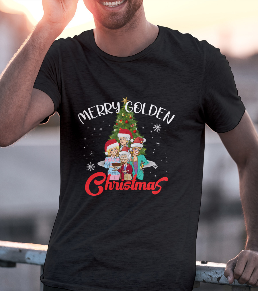 Merry Golden Christmas Golden Girls Santa Hats Christmas Tree Snowflakes T-Shirt