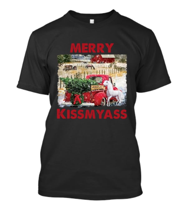 Merry Kissmyass Vintage Truck Christmas Scene With Horse In Snowy Farm Landscape T-Shirt