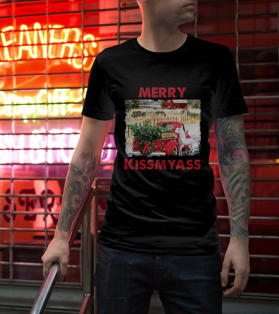 Merry Kissmyass Vintage Truck Christmas Scene With Horse In Snowy Farm Landscape T-Shirt