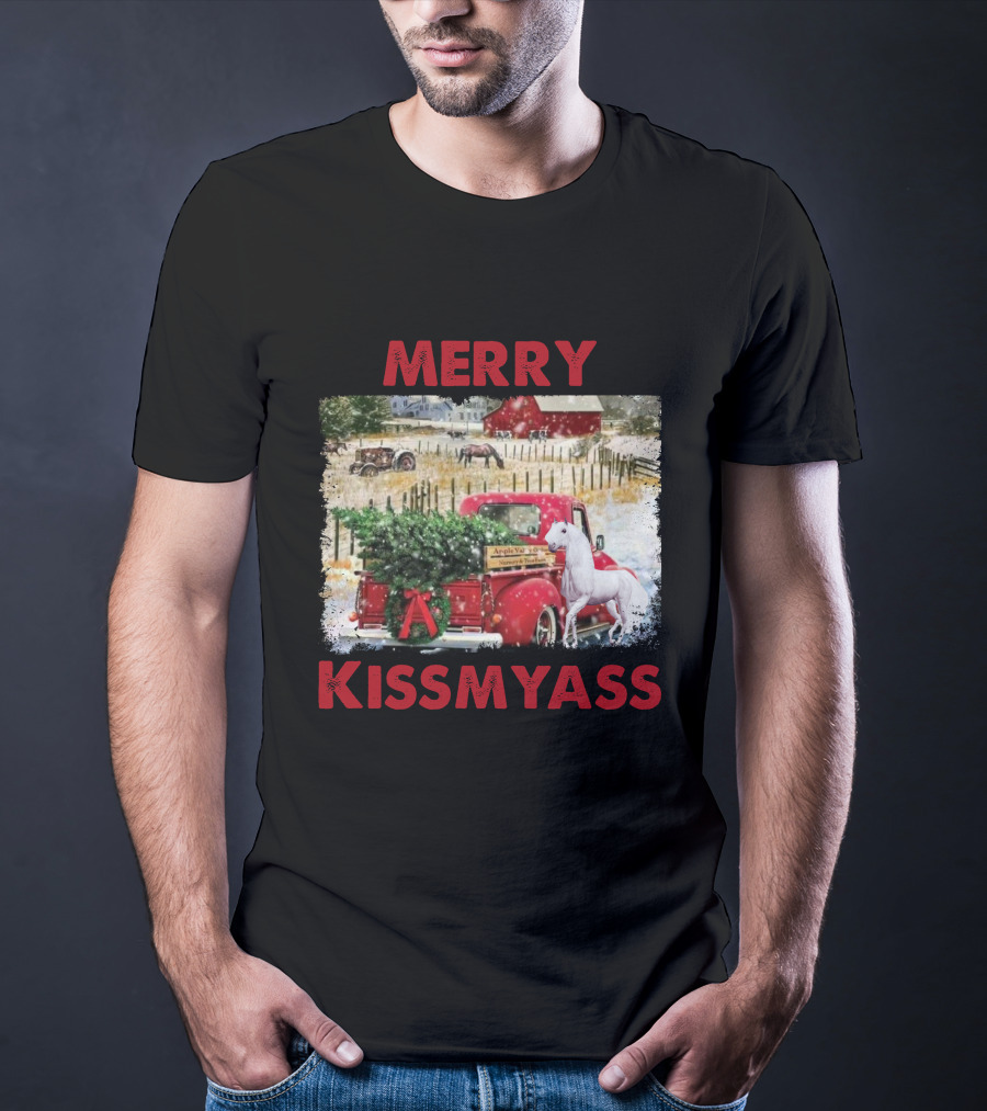 Merry Kissmyass Vintage Truck Christmas Scene With Horse In Snowy Farm Landscape T-Shirt