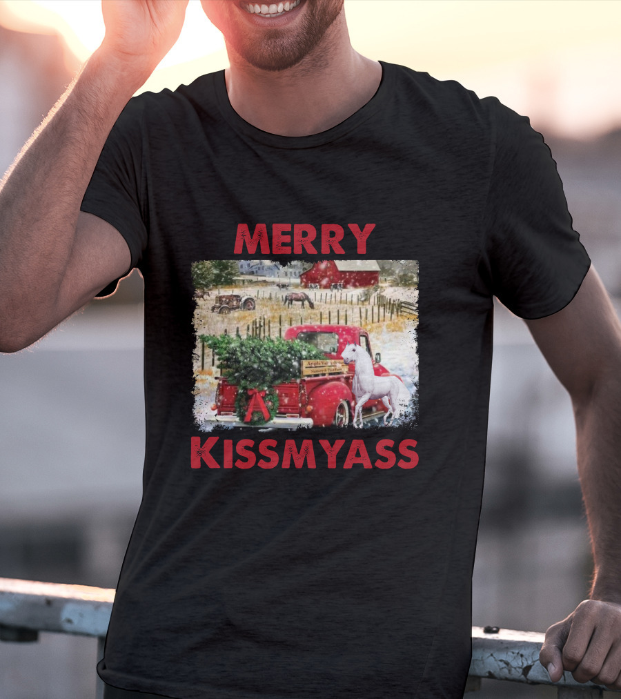 Merry Kissmyass Vintage Truck Christmas Scene With Horse In Snowy Farm Landscape T-Shirt