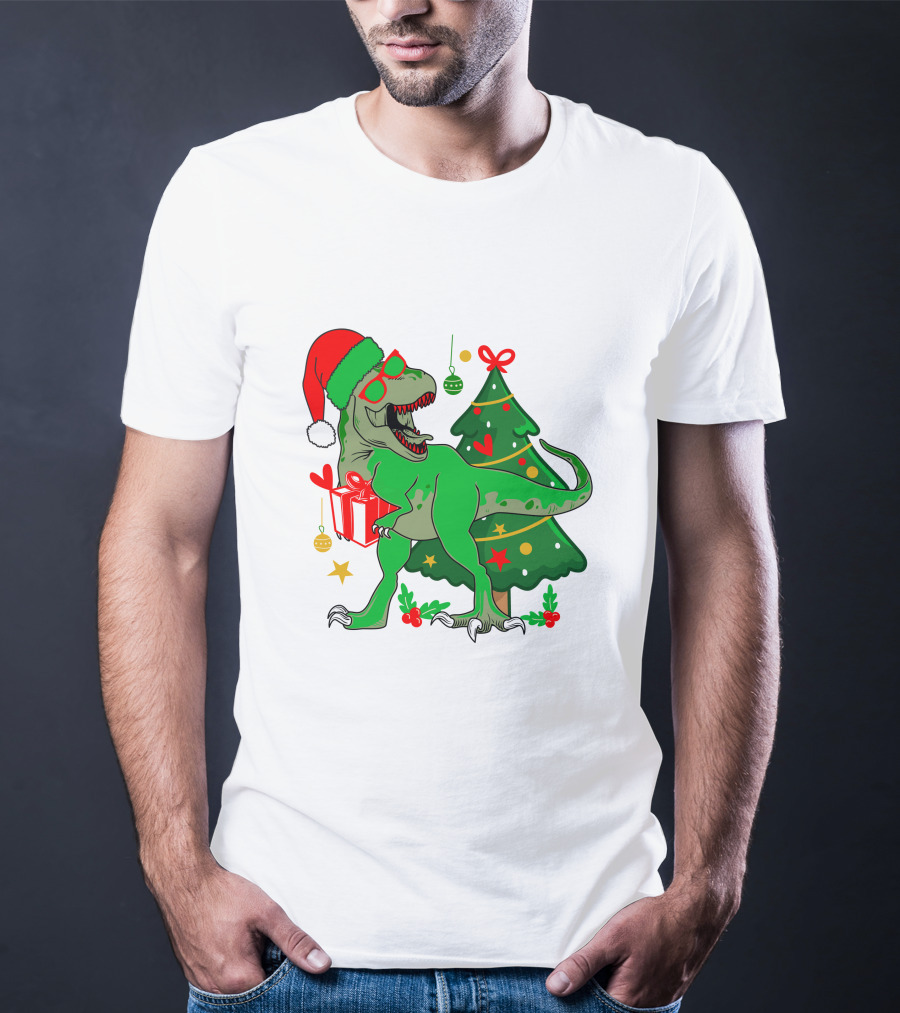 Christmas Dinosaur Santa With Tree And Gift T-Shirt