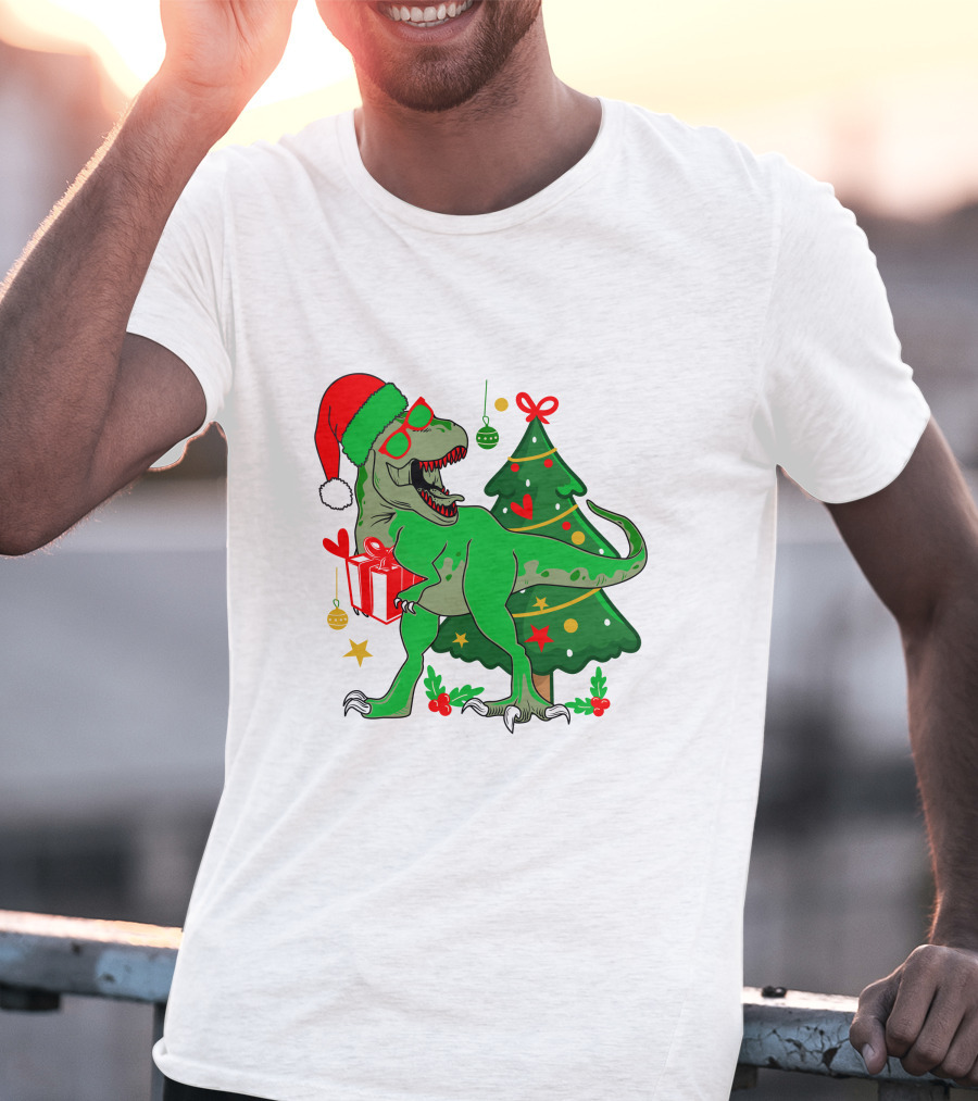 Christmas Dinosaur Santa With Tree And Gift T-Shirt