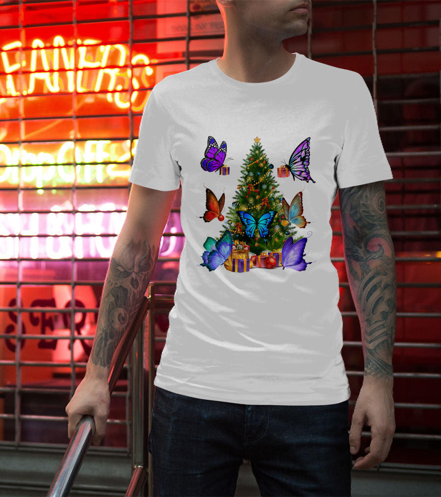 Butterfly Christmas Tree With Colorful Presents And Butterflies T-Shirt