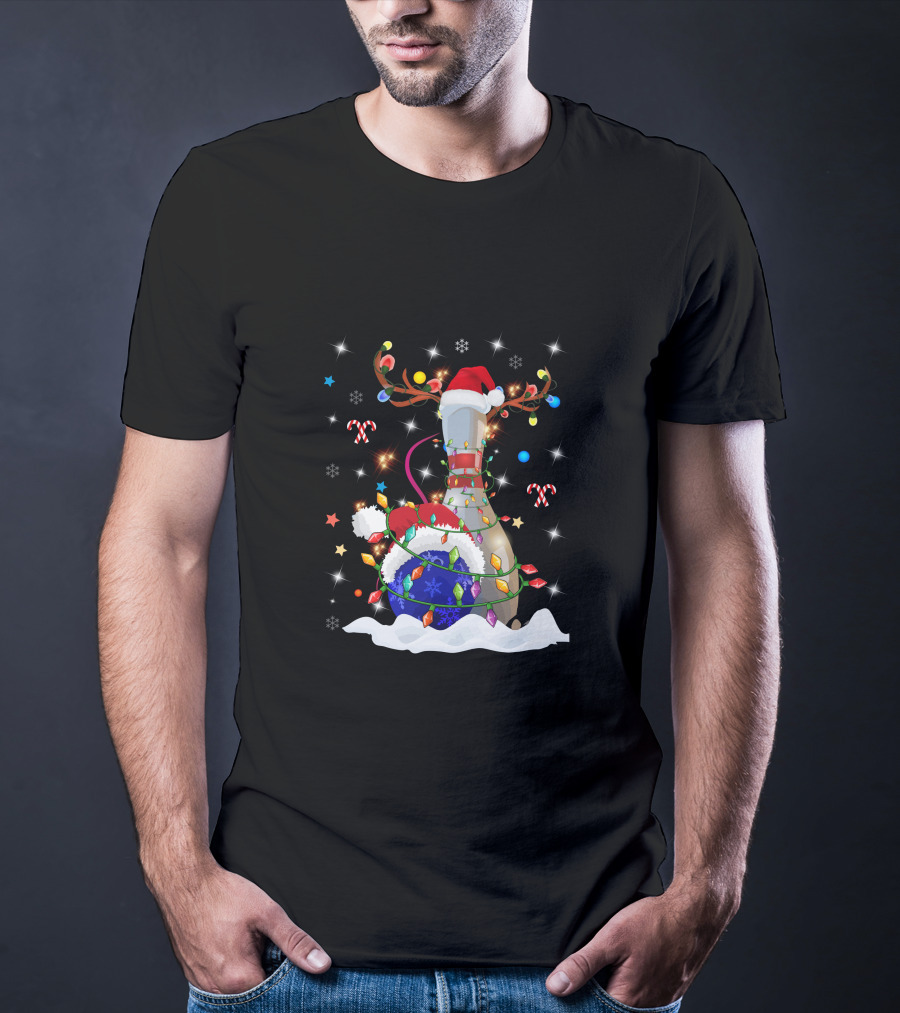 Christmas Bowling Pin With Lights And Santa Hats T-Shirt