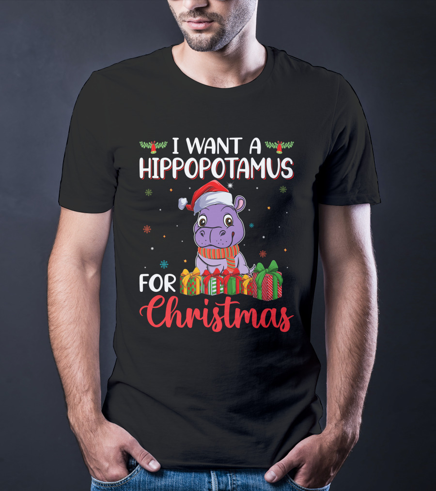 I Want A Hippopotamus For Christmas Santa Hat Present Boxes T-Shirt