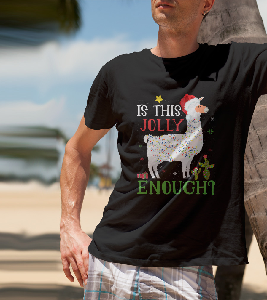 Is This Jolly Enough Christmas Lights Llama Santa Hat T-Shirt
