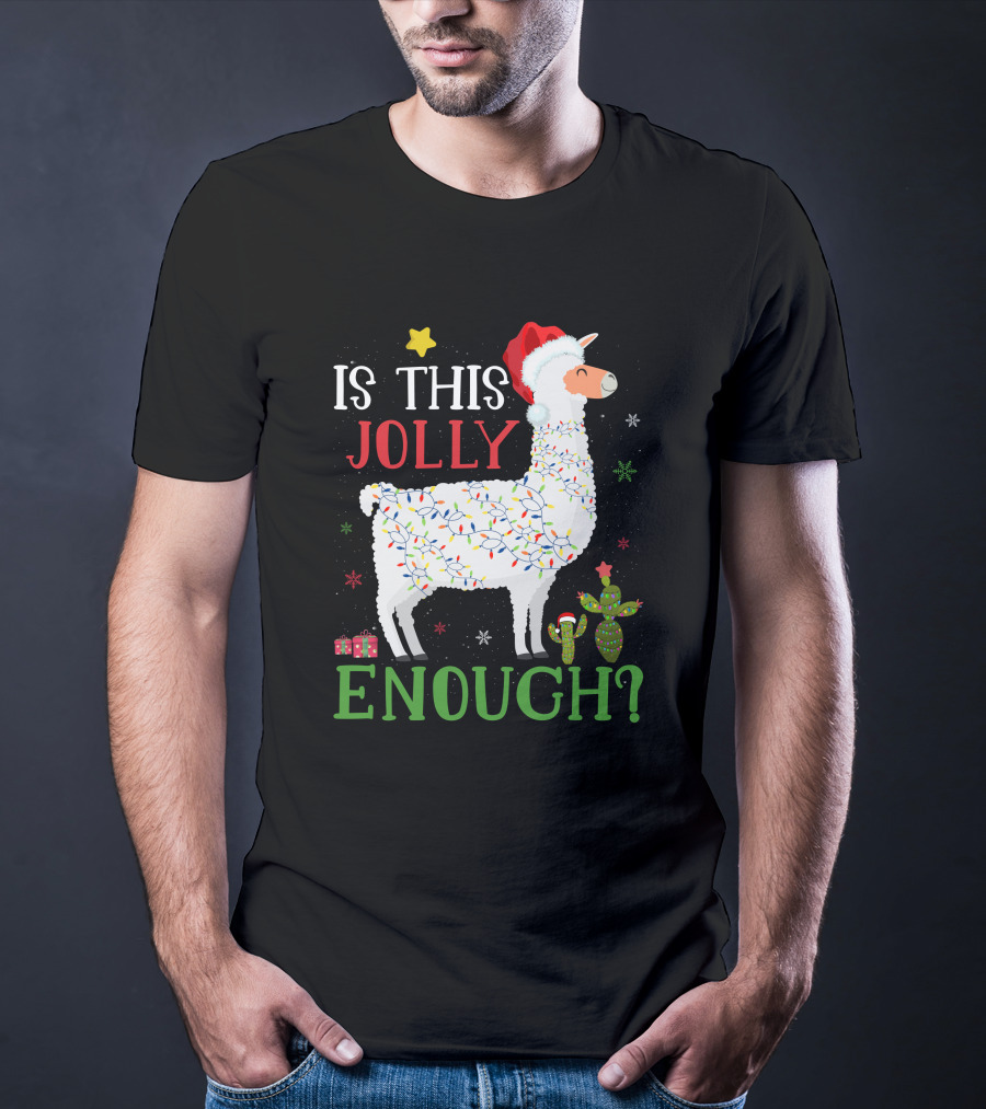Is This Jolly Enough Christmas Lights Llama Santa Hat T-Shirt