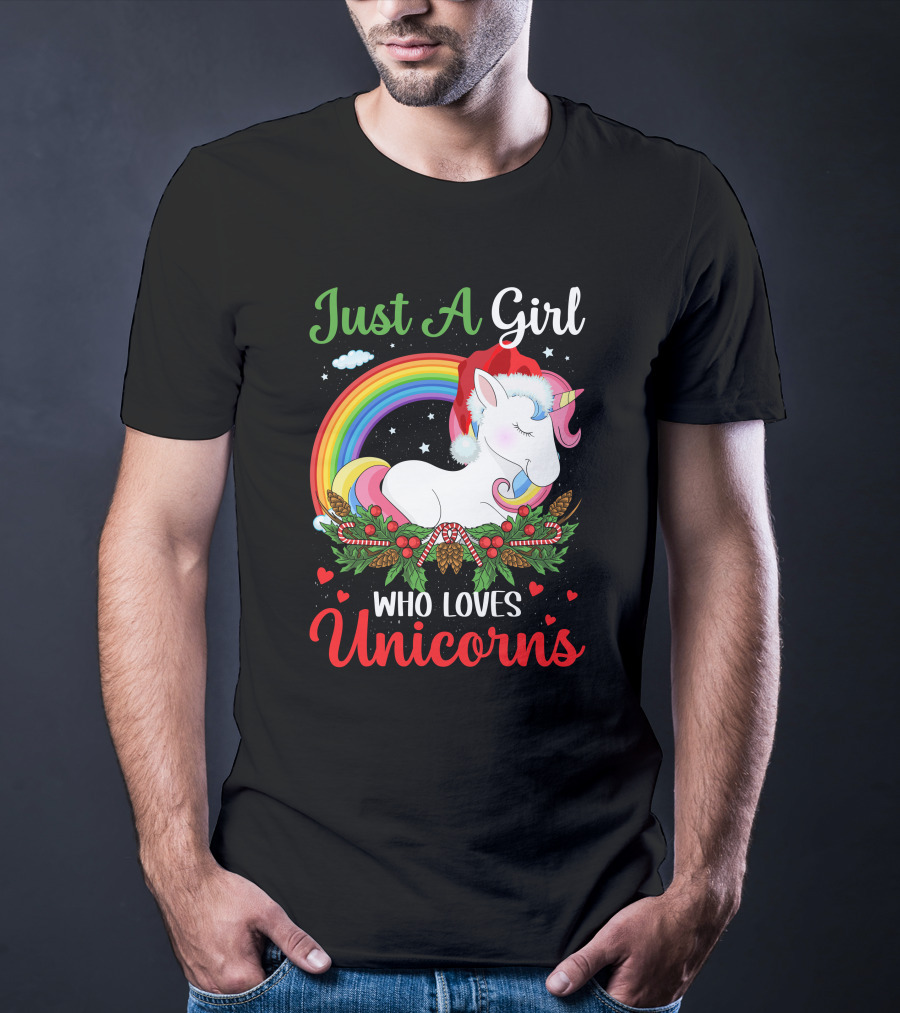 Just A Girl Who Loves Unicorns Rainbow Christmas Santa Hat T-Shirt