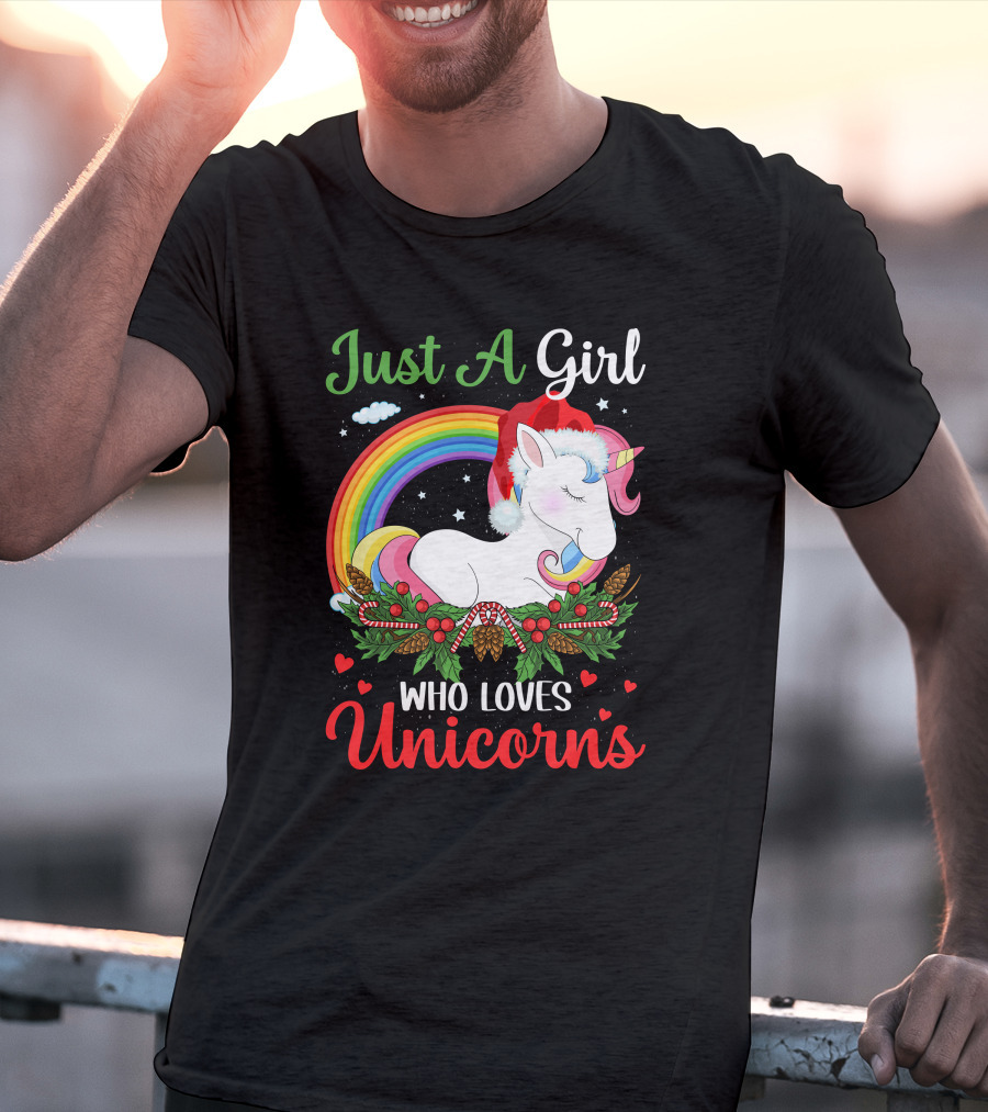 Just A Girl Who Loves Unicorns Rainbow Christmas Santa Hat T-Shirt