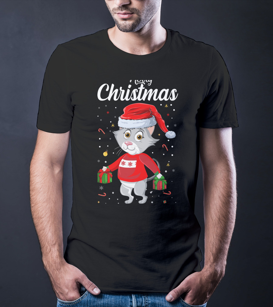 Merry Christmas Catboy With Santa Hat And Gifts T-Shirt