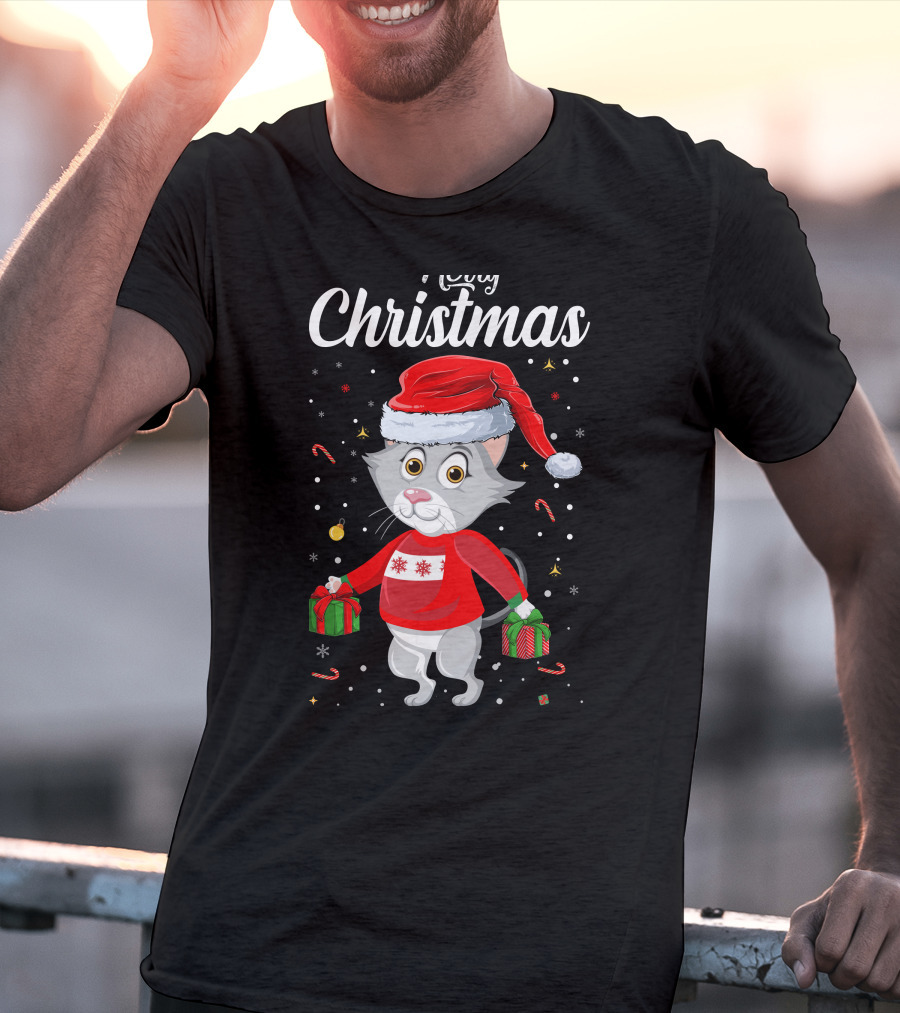 Merry Christmas Catboy With Santa Hat And Gifts T-Shirt