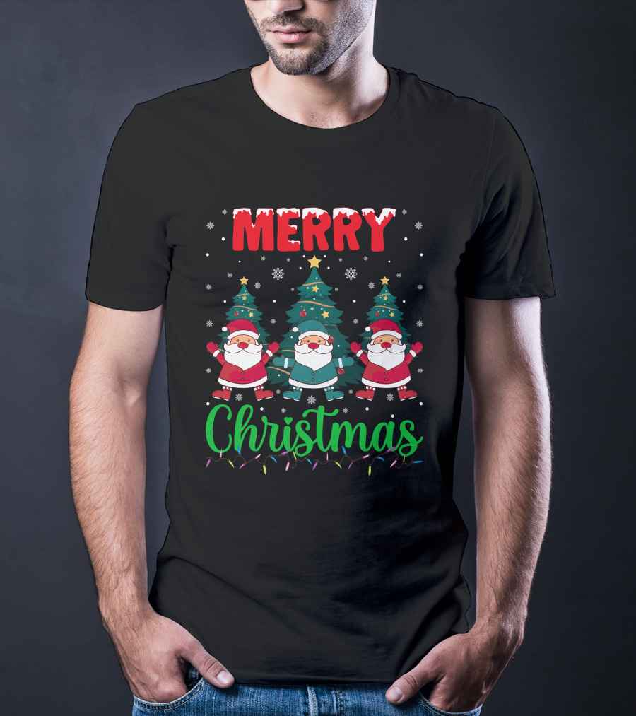 Merry Christmas Santa Gnome Snowflakes Trees Stars Lights T-Shirt