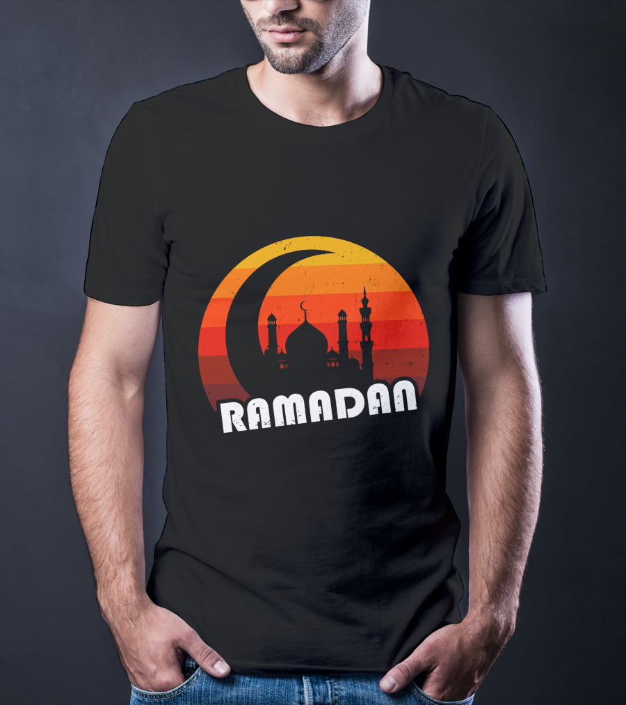 Ramadan Mosque Silhouette Crescent Moon Sunset Background T-Shirt