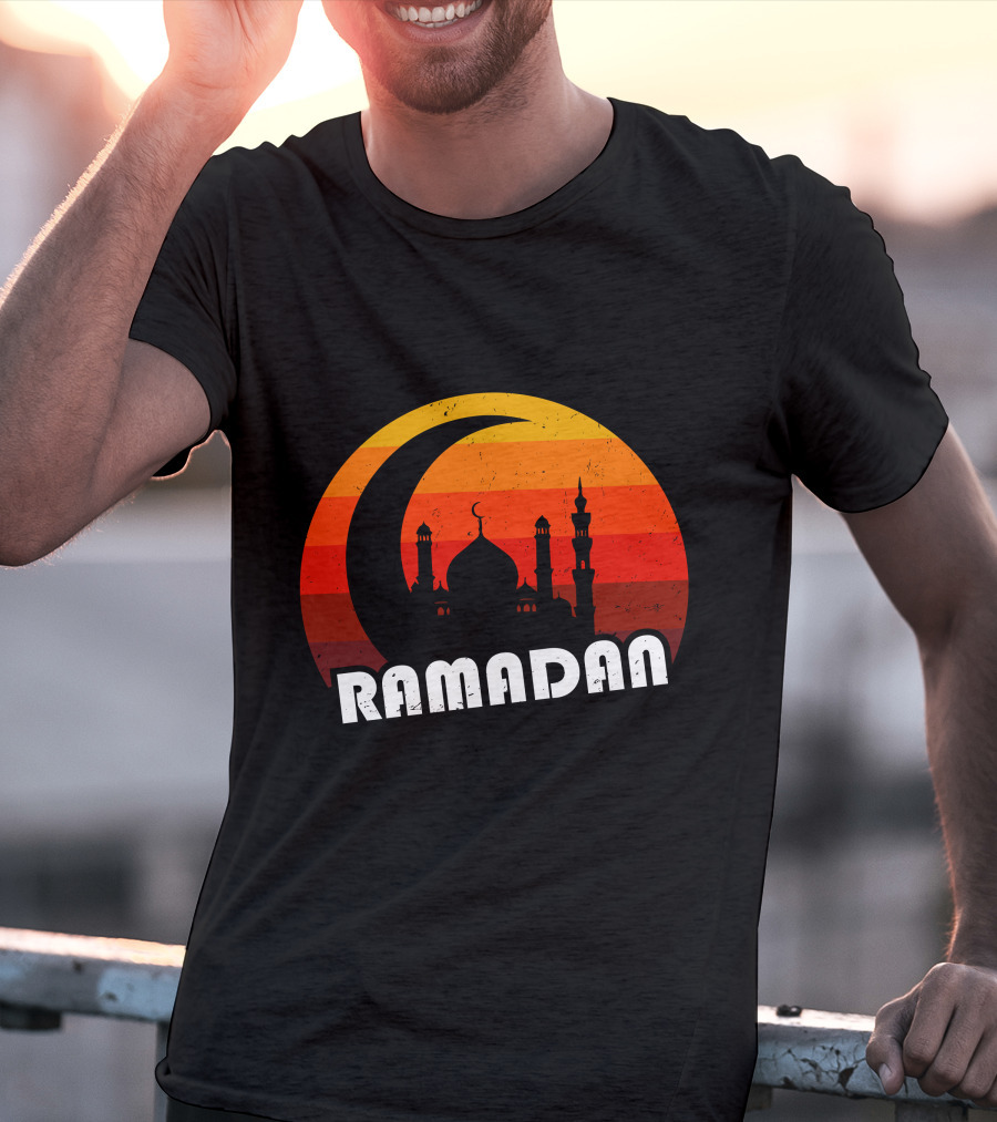 Ramadan Mosque Silhouette Crescent Moon Sunset Background T-Shirt