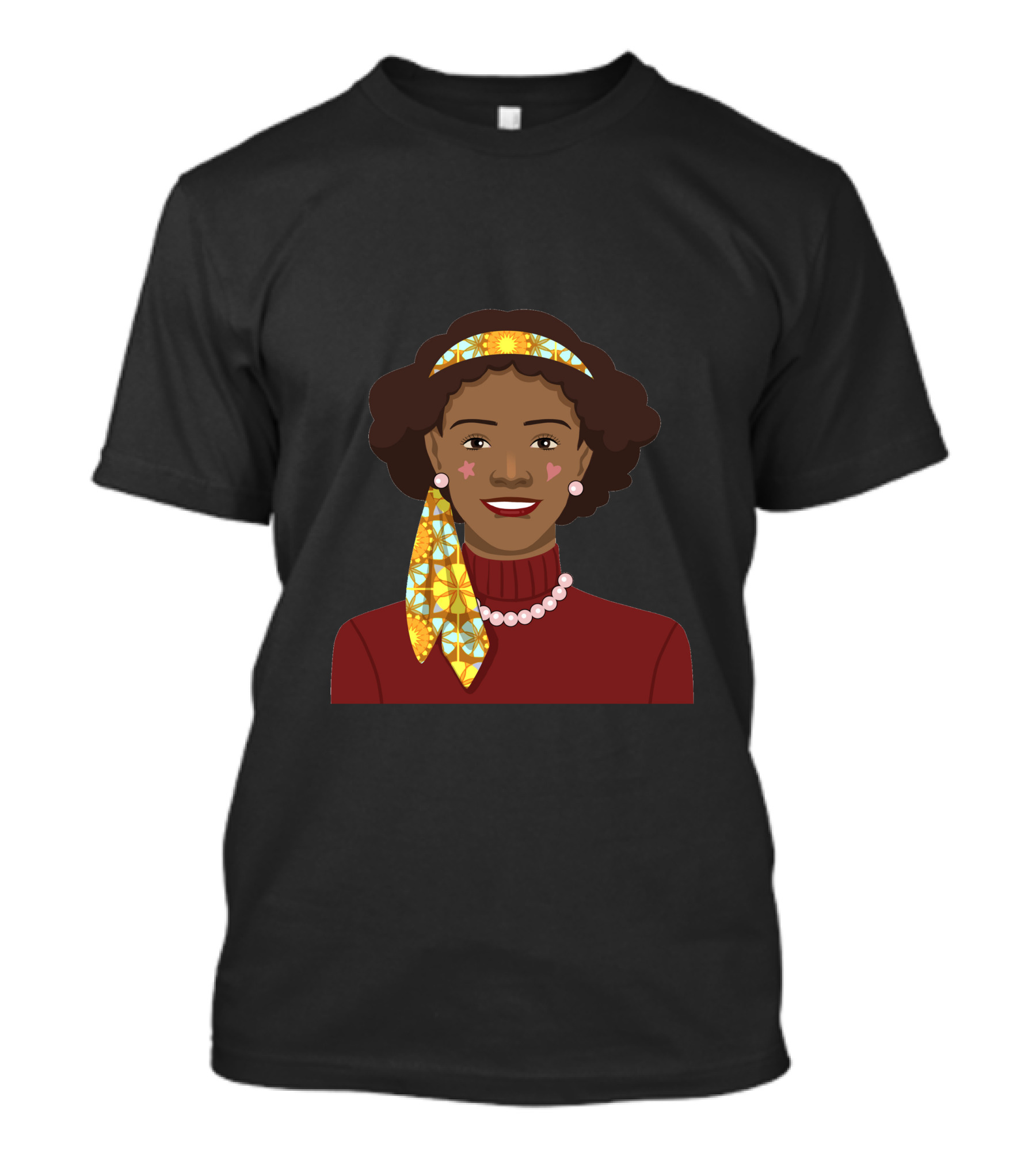 Black African Woman With Patterned Headband And Red T-Shirt