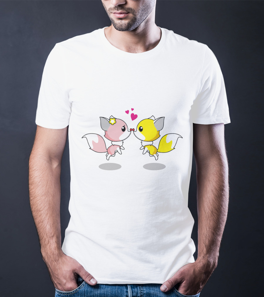 Cute Foxes In Love Kissing Hearts Blossom Yellow Pink Foxes T-Shirt