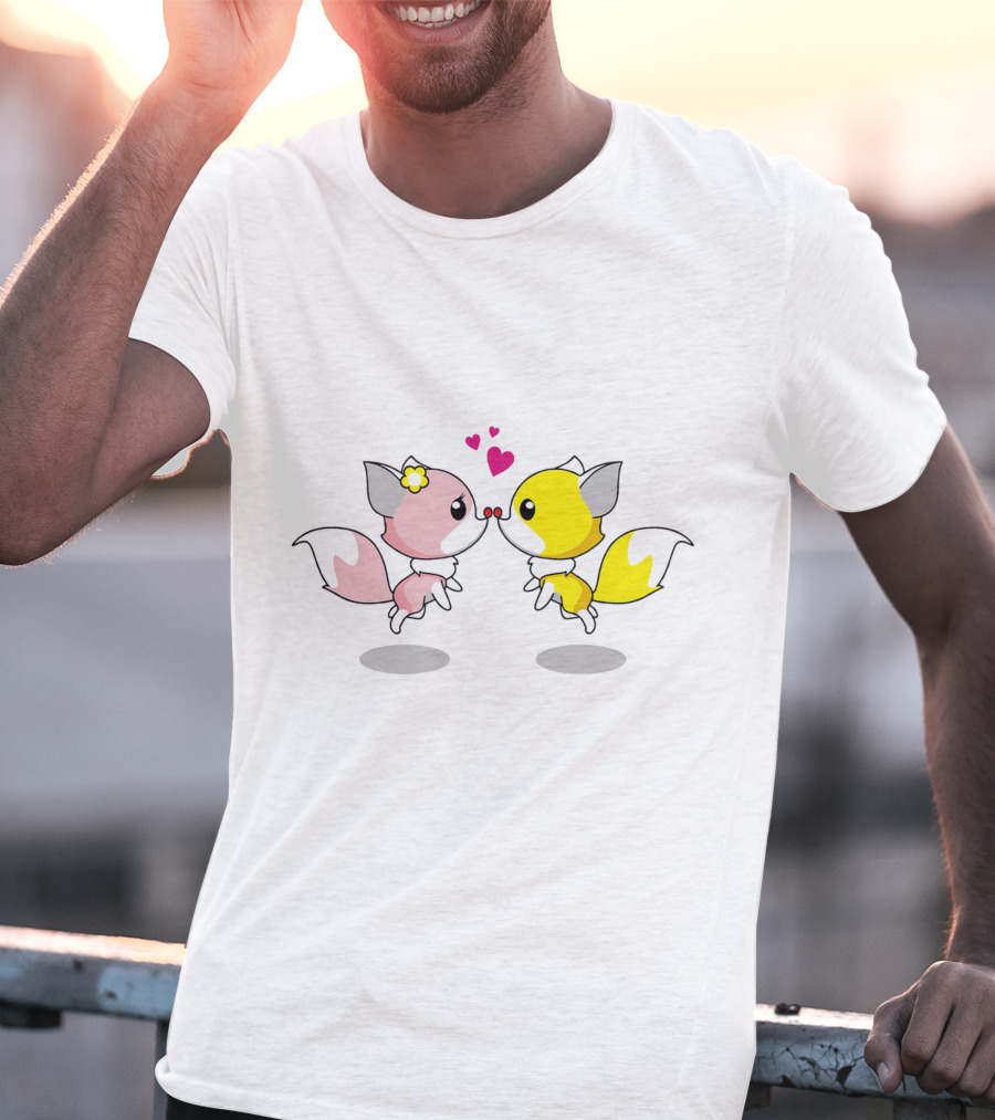 Cute Foxes In Love Kissing Hearts Blossom Yellow Pink Foxes T-Shirt