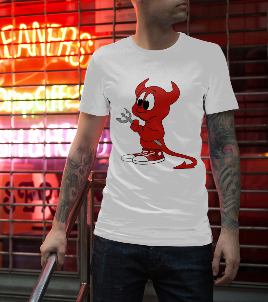 Devil In Sneakers Holding Pitch Fork Cartoon T-Shirt