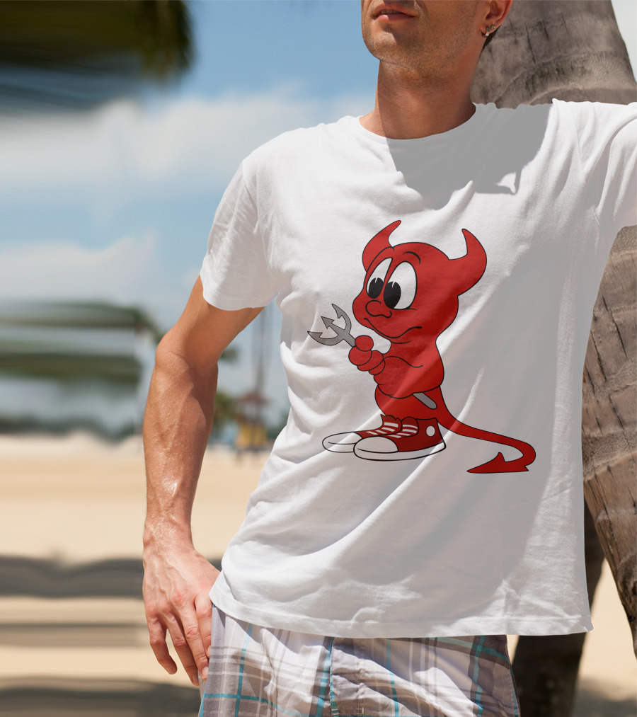 Devil In Sneakers Holding Pitch Fork Cartoon T-Shirt