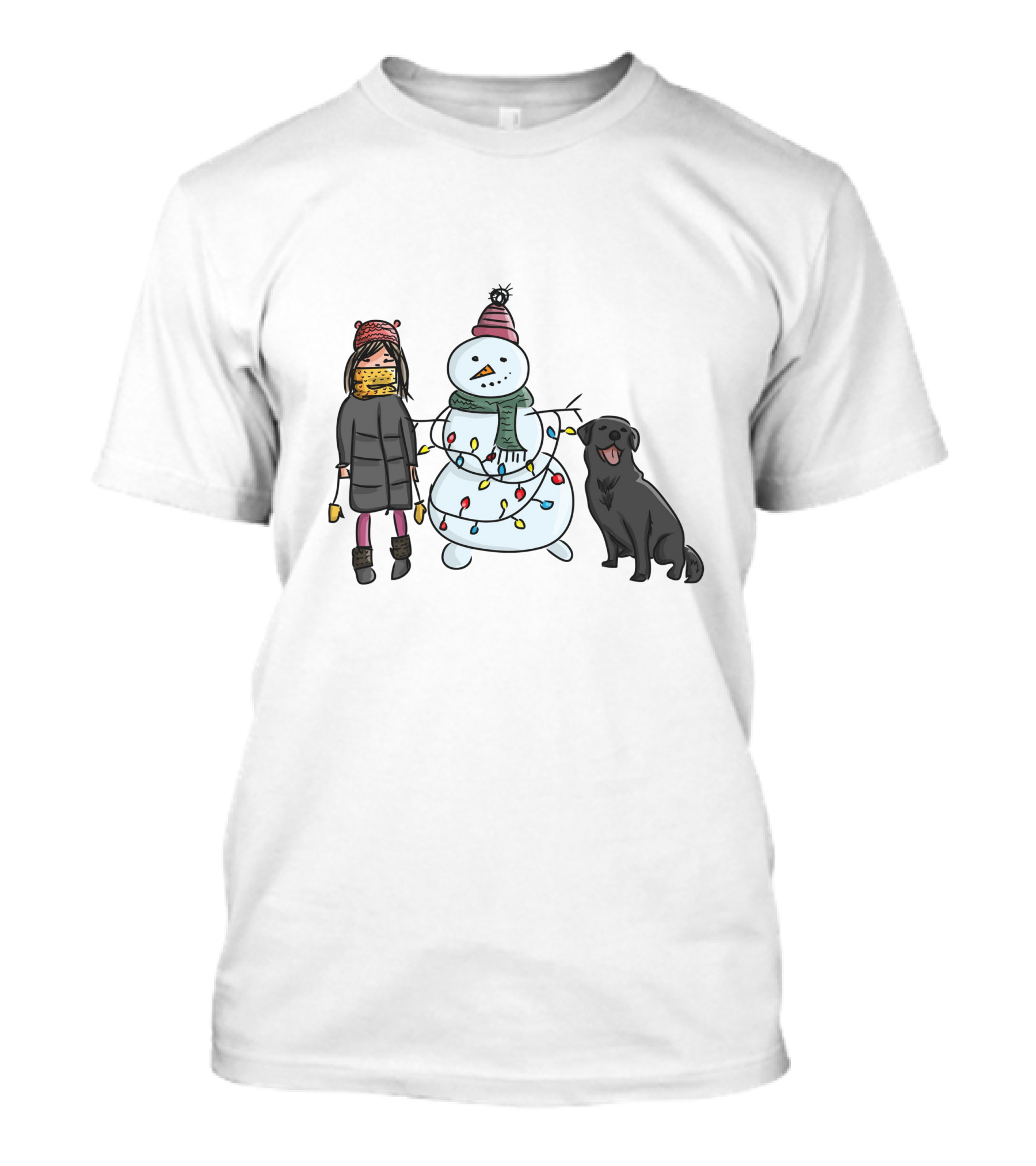 Girl With Yellow Scarf, Dog, And Snowman With Christmas Lights T-Shirt