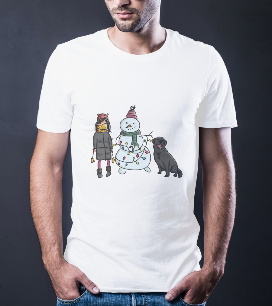 Girl With Yellow Scarf, Dog, And Snowman With Christmas Lights T-Shirt