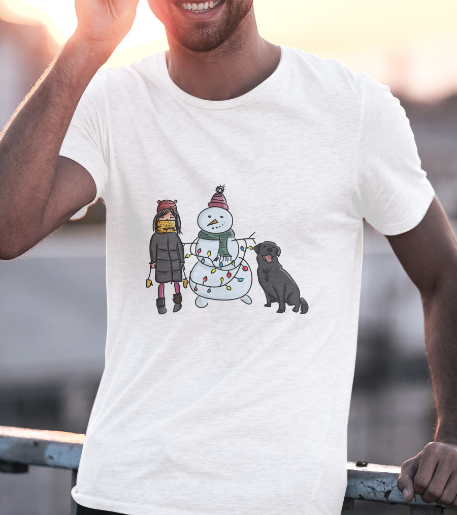 Girl With Yellow Scarf, Dog, And Snowman With Christmas Lights T-Shirt