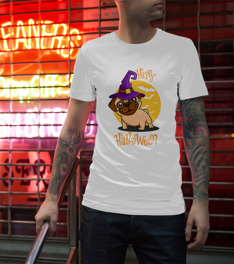 Happy Halloween Dog Witch Hat Full Moon Bats T-Shirt