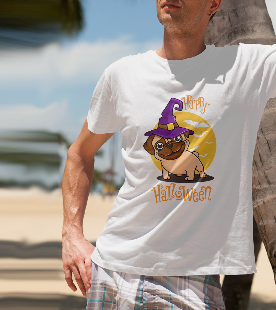 Happy Halloween Dog Witch Hat Full Moon Bats T-Shirt
