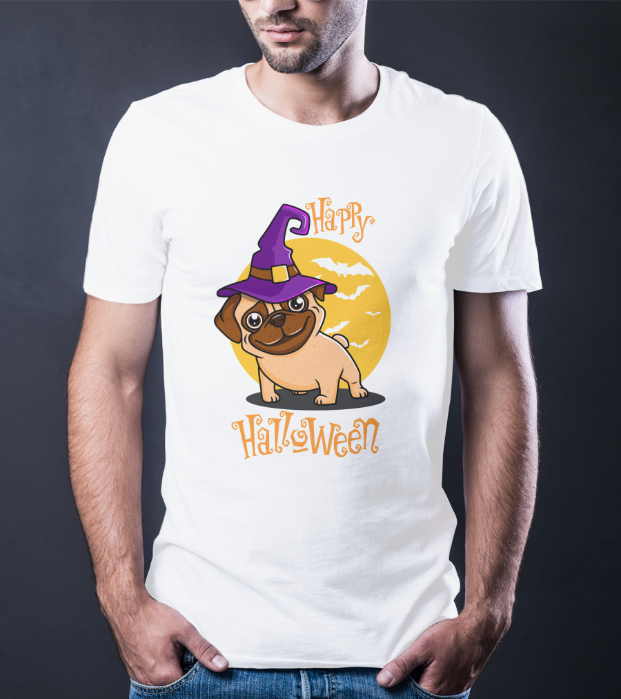 Happy Halloween Dog Witch Hat Full Moon Bats T-Shirt