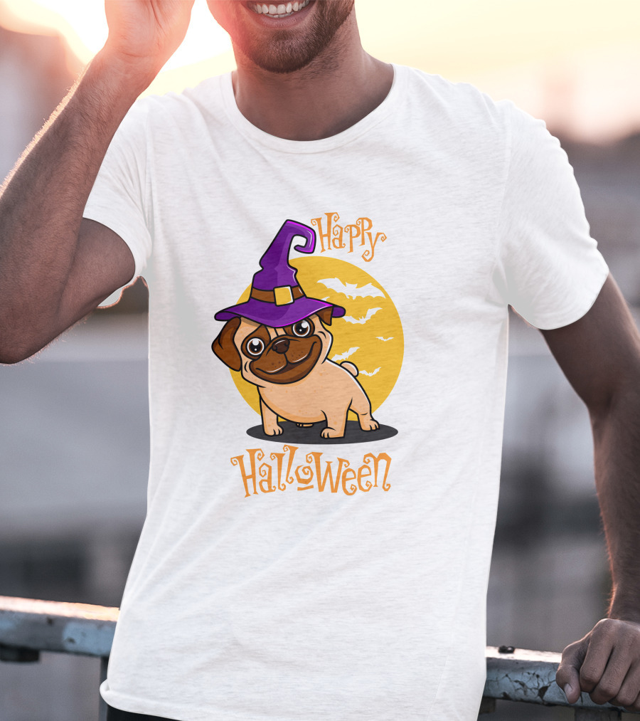 Happy Halloween Dog Witch Hat Full Moon Bats T-Shirt