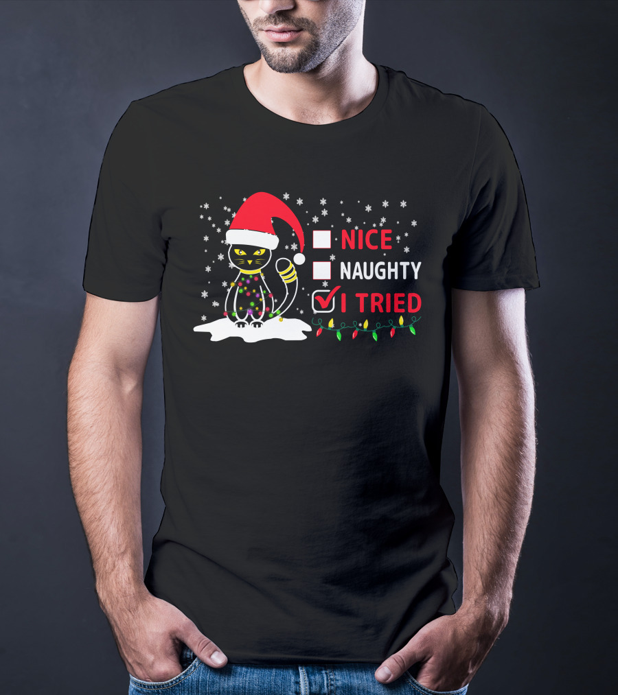 Nice Naughty Tried Christmas Cat Santa Hat Festive Lights T-Shirt