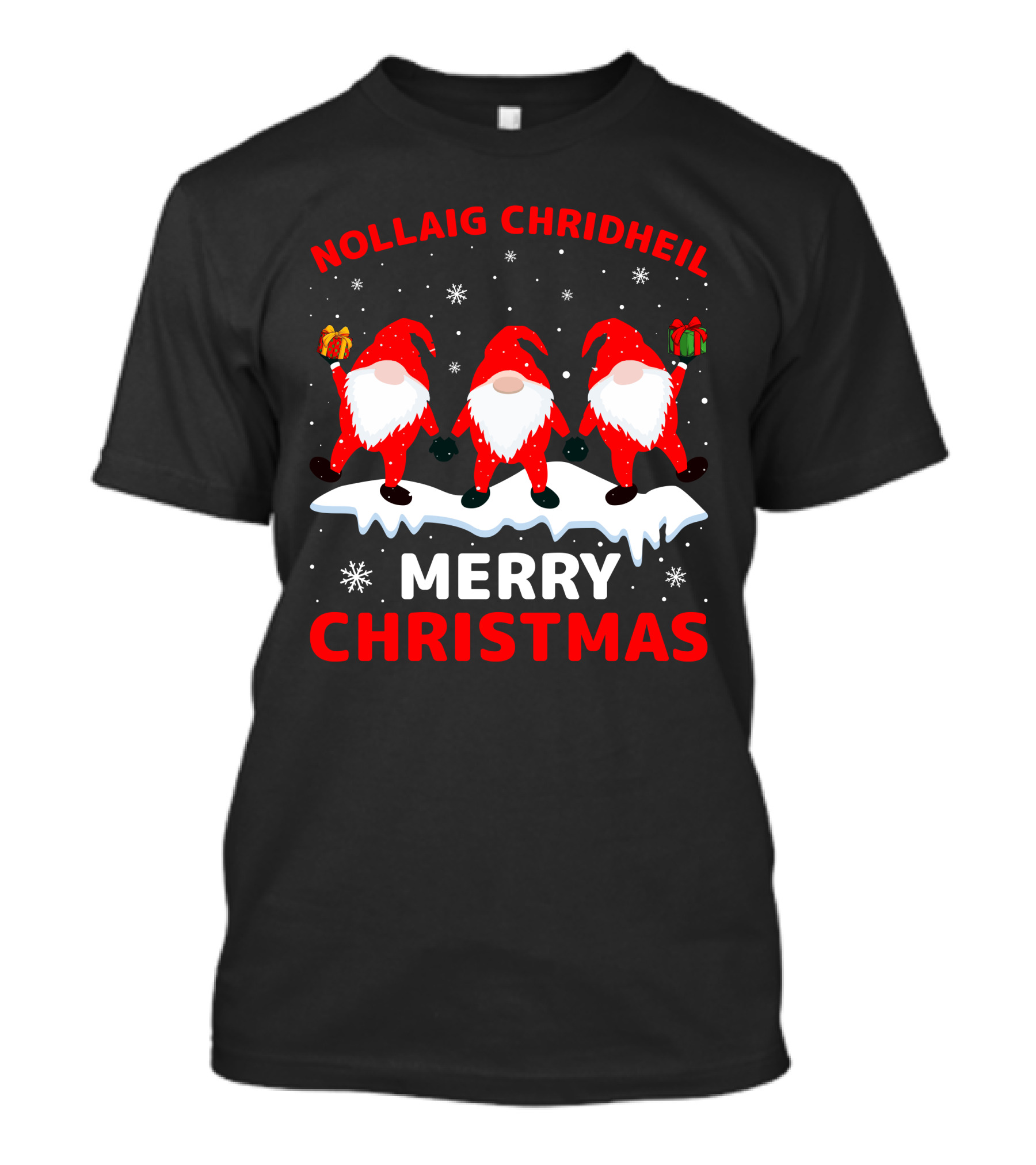Nollaig Chridheil Merry Christmas Snowy Gnomes With Gifts T-Shirt