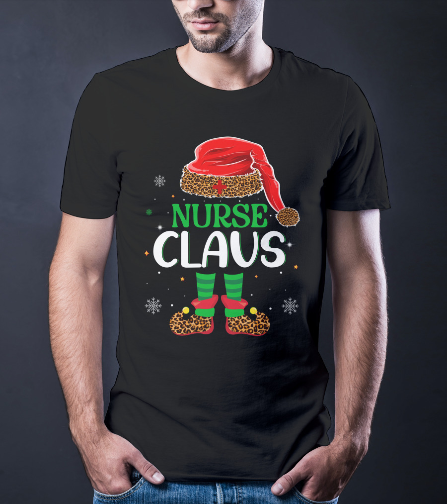 Nurse Claus Christmas Santa Hat Leopard Print Snowflakes T-Shirt