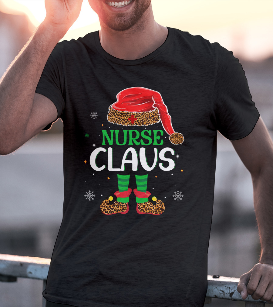 Nurse Claus Christmas Santa Hat Leopard Print Snowflakes T-Shirt