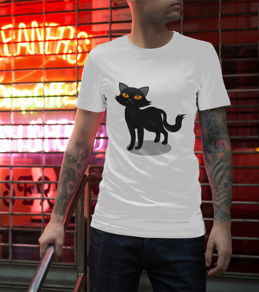 Cartoon Black Cat Illustration With Orange Eyes And Shadow T-Shirt