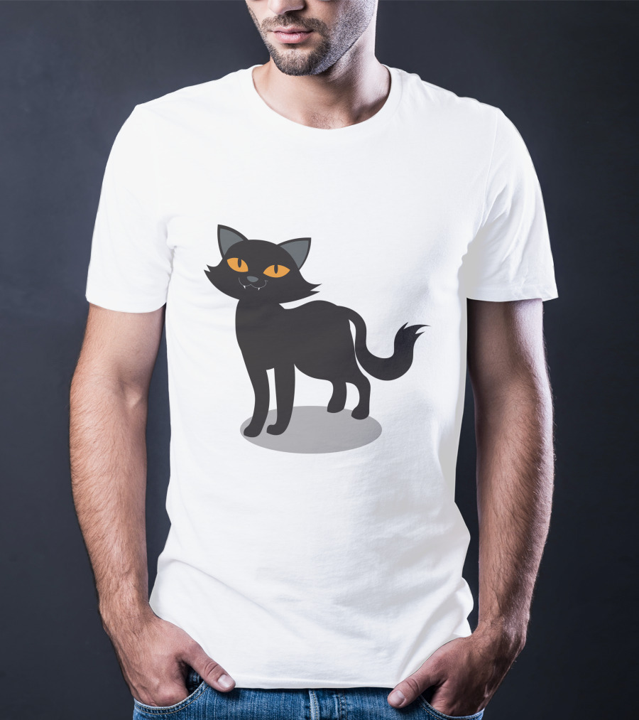 Cartoon Black Cat Illustration With Orange Eyes And Shadow T-Shirt
