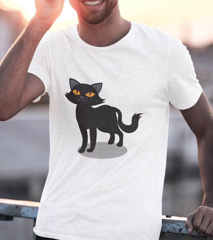 Cartoon Black Cat Illustration With Orange Eyes And Shadow T-Shirt