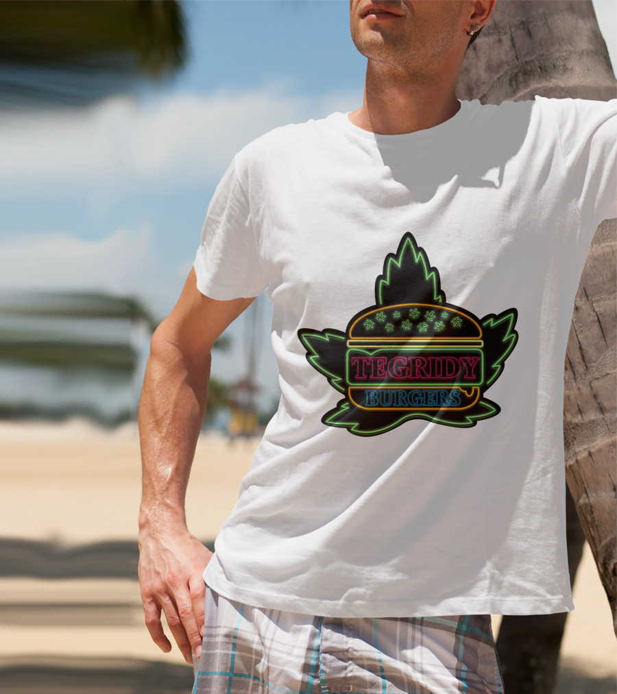 Tegridy Burgers Neon Sign With Leaf And Burger Outline T-Shirt