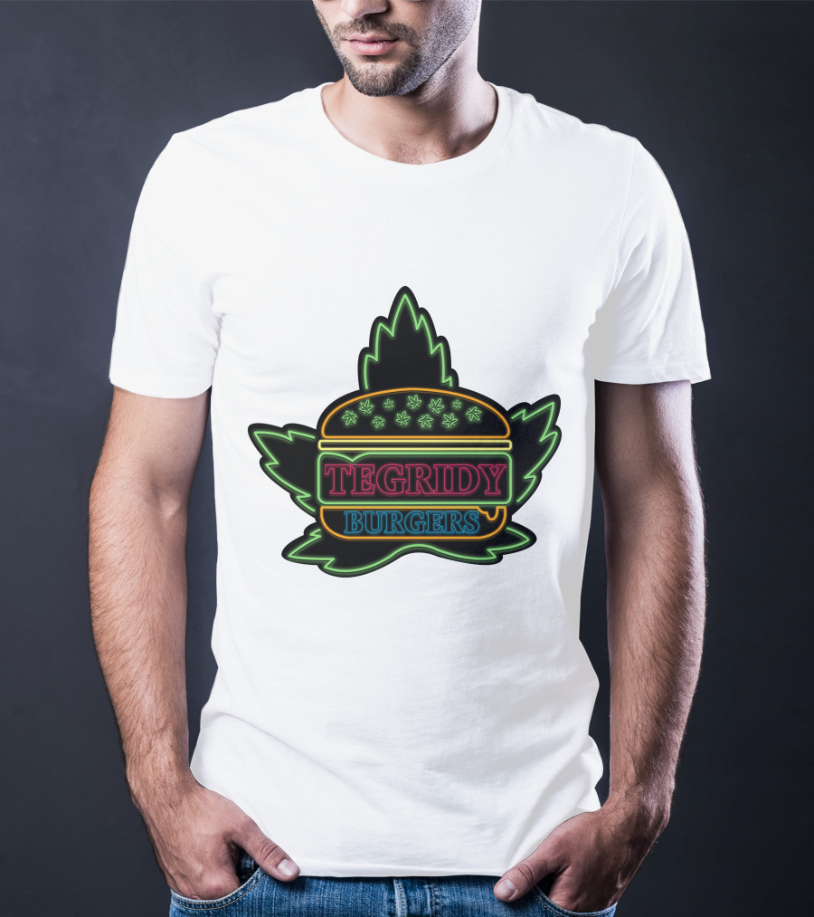 Tegridy Burgers Neon Sign With Leaf And Burger Outline T-Shirt