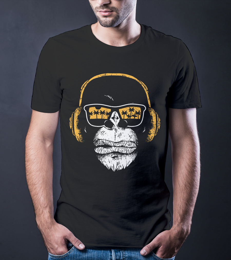 Monkey With DJ Headphones Sunglasses Palm Trees T-Shirt