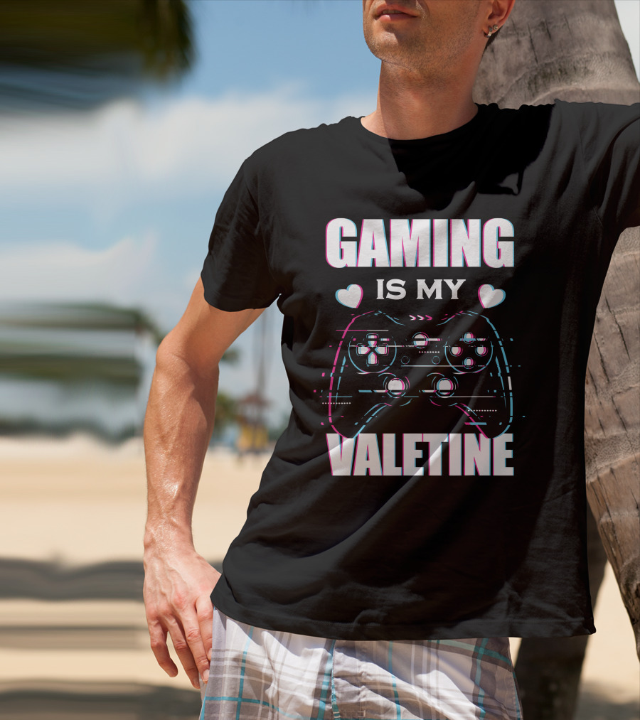 Gaming Is My Valentine Controller Hearts Glitch Effect T-Shirt