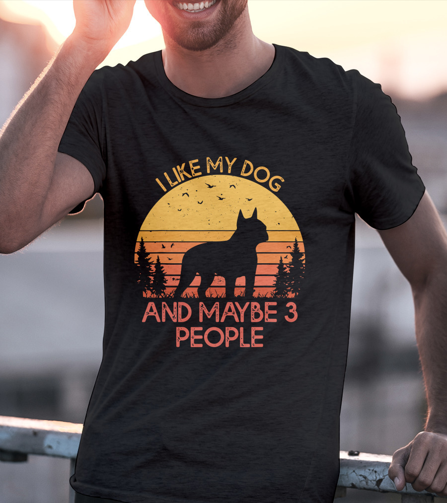 I Like My Dog And Maybe 3 People Sunset Silhouette With Trees And Birds T-Shirt