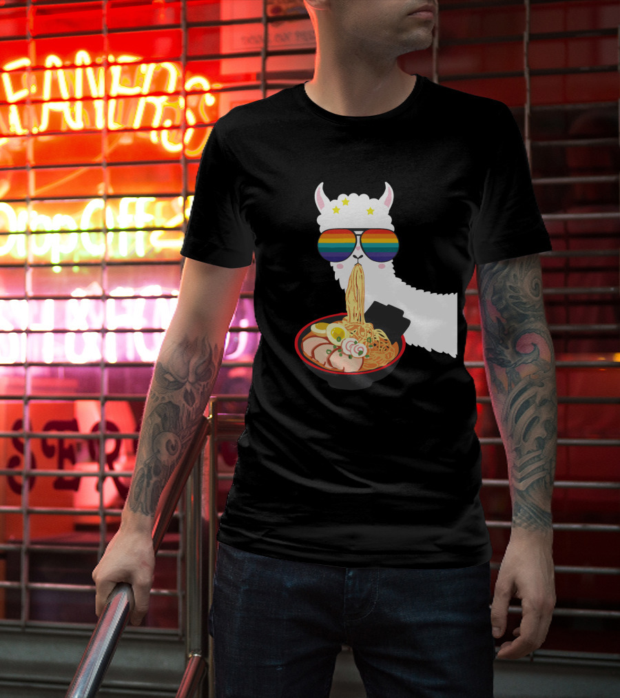 Rainbow Sunglasses LLama Eating Ramen Japanese Anime T-Shirt