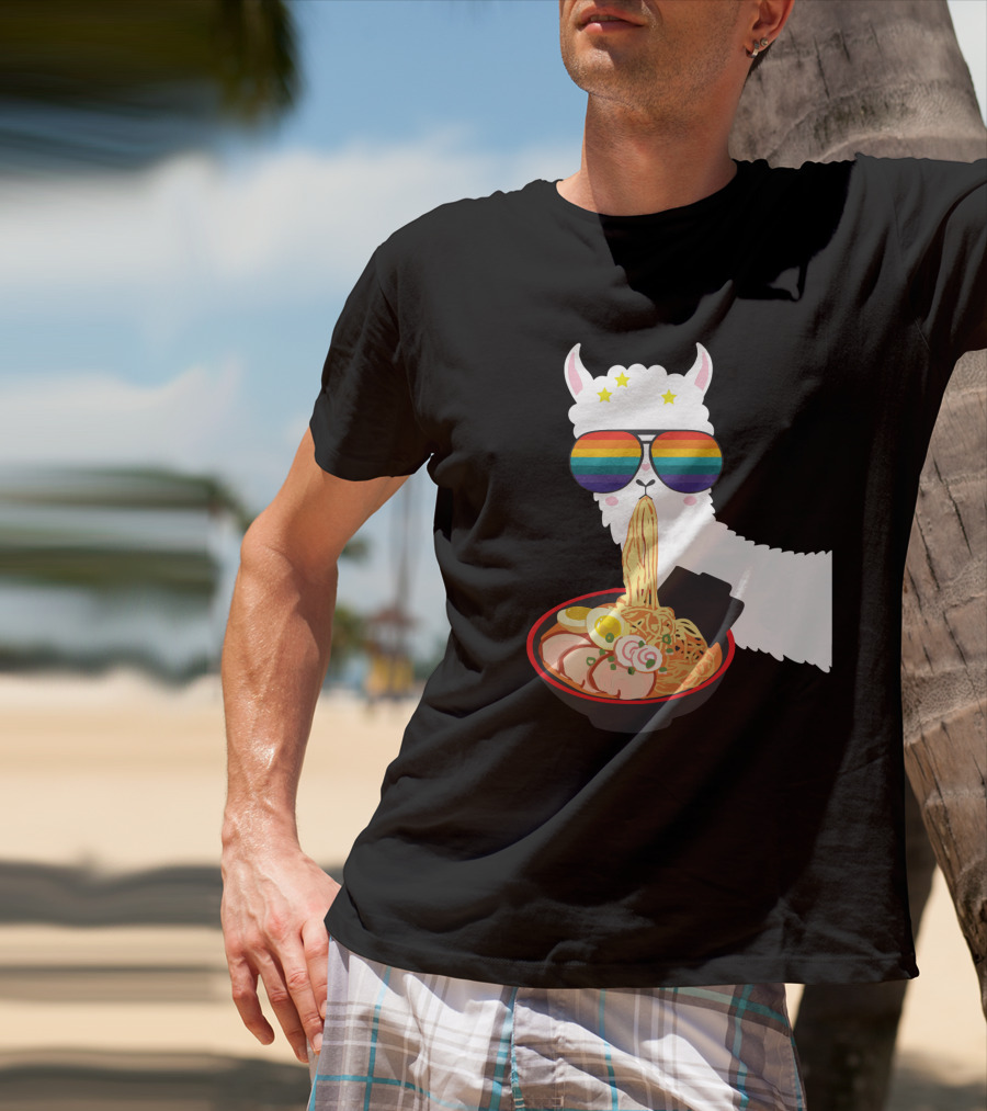 Rainbow Sunglasses LLama Eating Ramen Japanese Anime T-Shirt