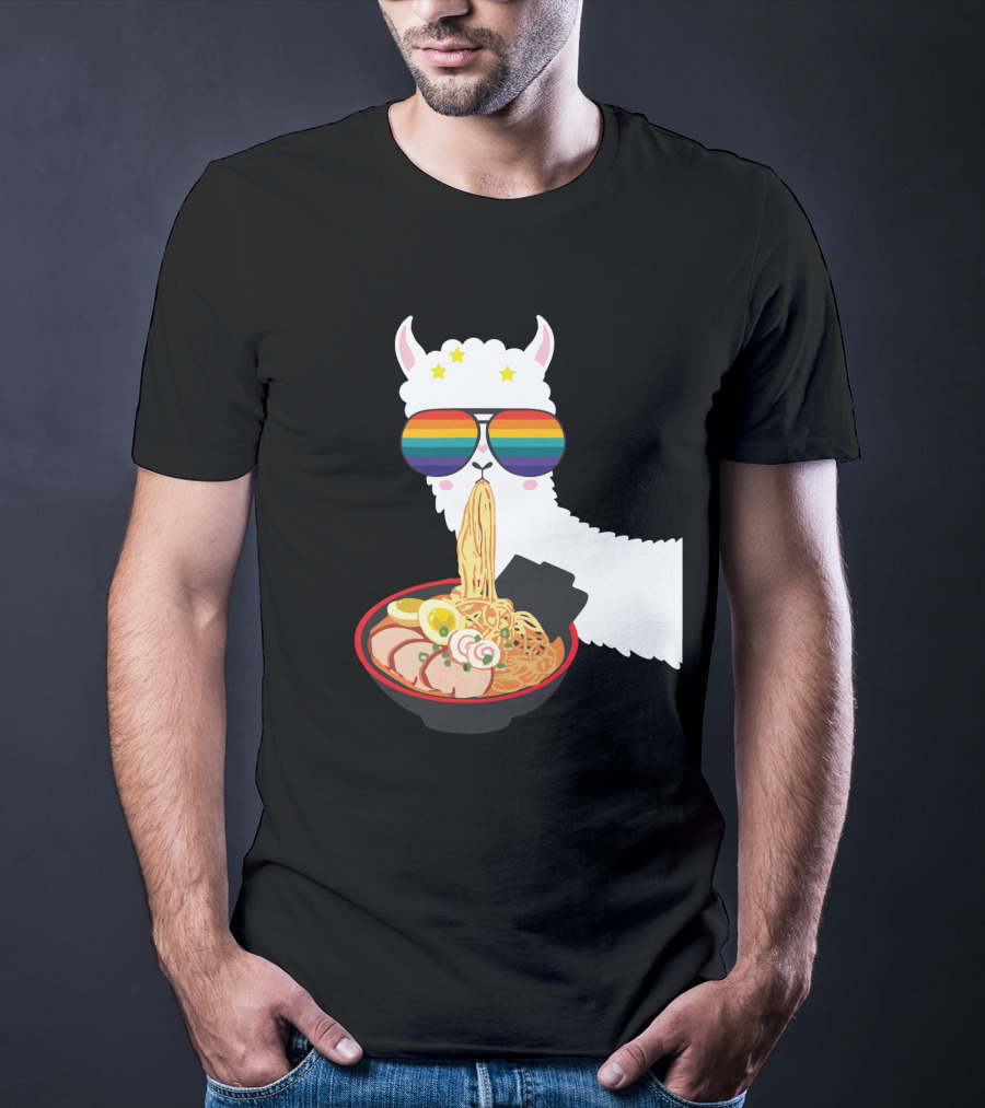 Rainbow Sunglasses LLama Eating Ramen Japanese Anime T-Shirt