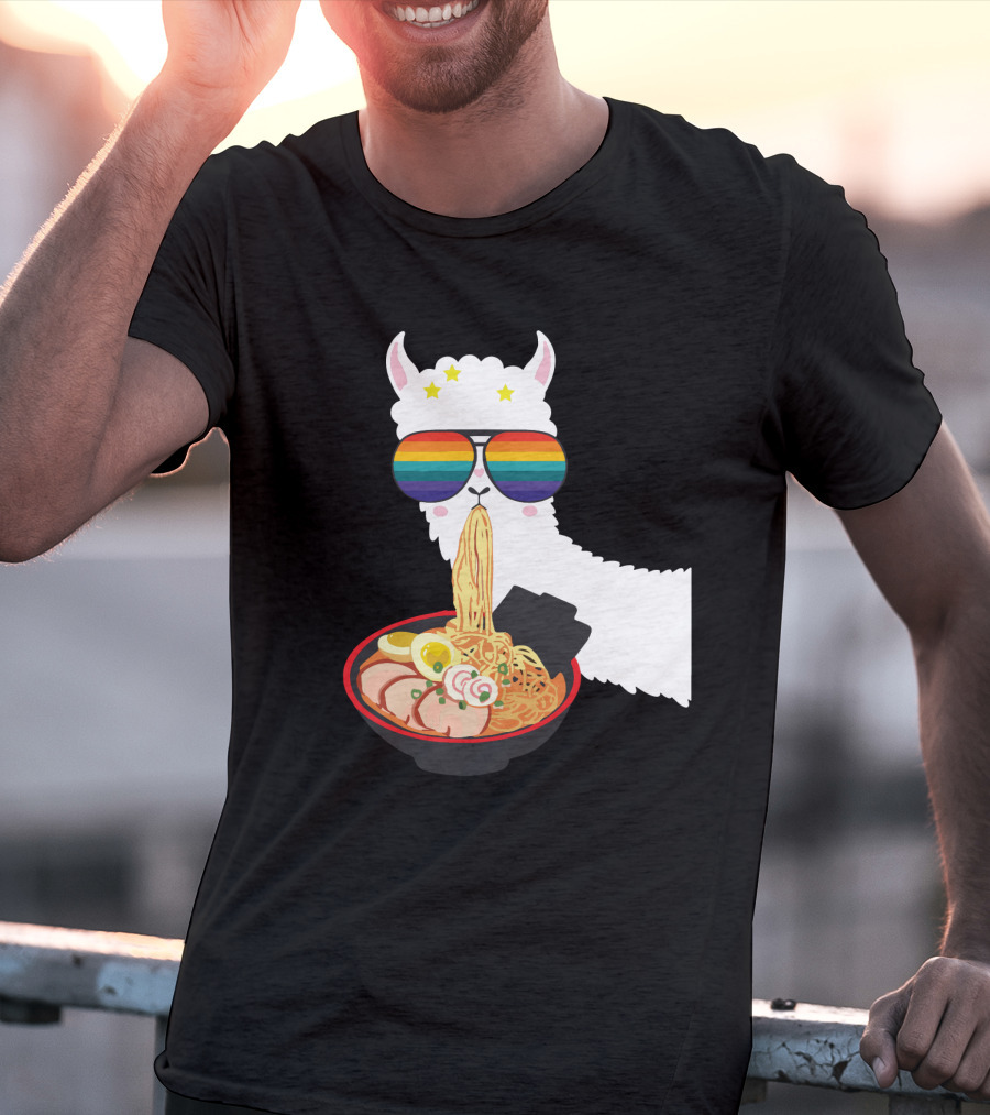 Rainbow Sunglasses LLama Eating Ramen Japanese Anime T-Shirt